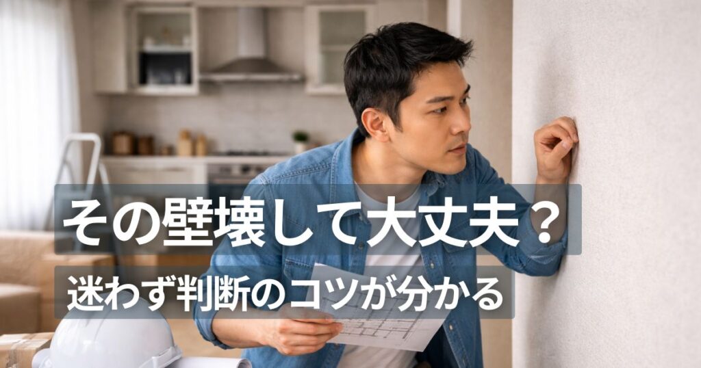 マンション間仕切り壁構造を確認する住戸内で壁を調べる人物