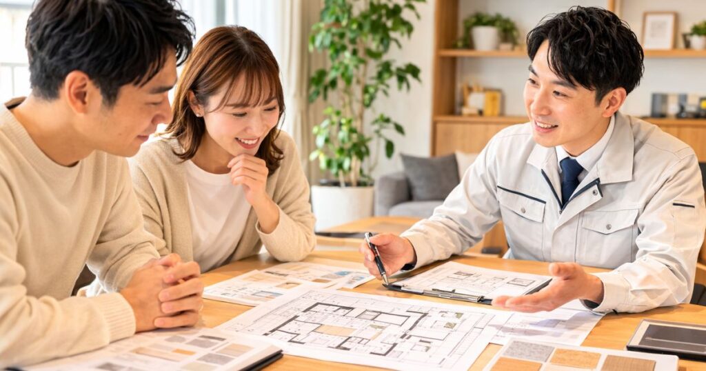 マンションリフォームの着工前に図面を確認する打ち合わせ