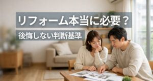 リフォームしないほうがいいか判断するため相談する夫婦のマンションリビング