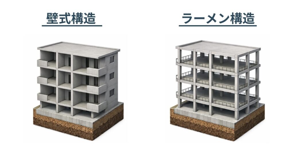 壁式構造とラーメン構造の違いを示すマンション構造図