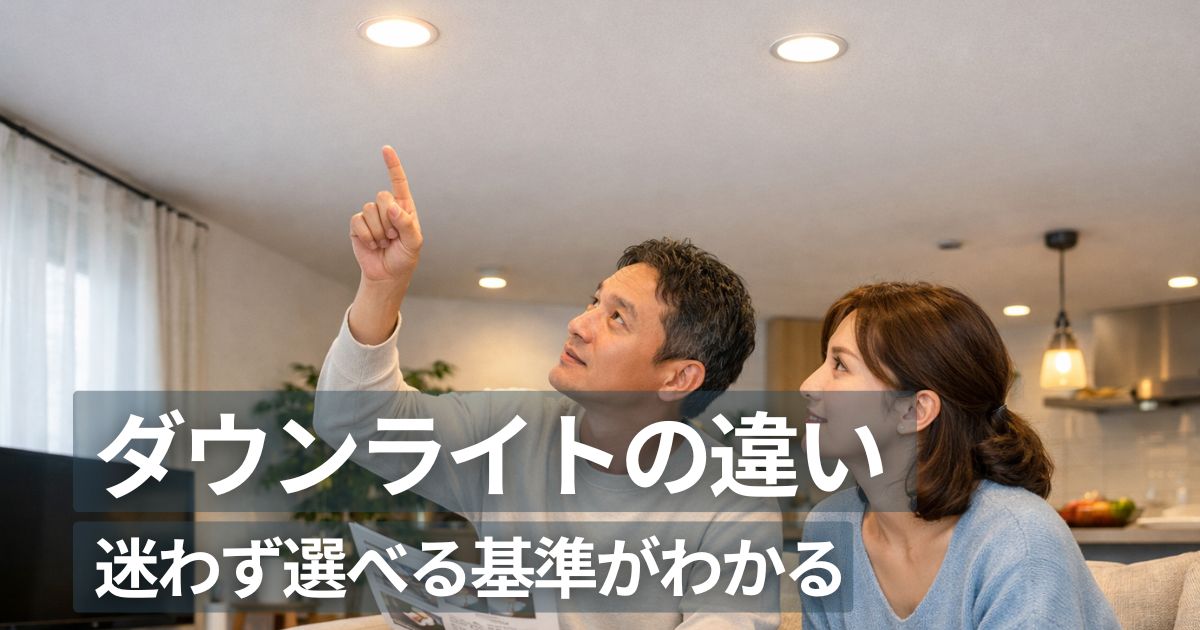 ダウンライト100w60w違いを比較するリビングで照明を確認する夫婦