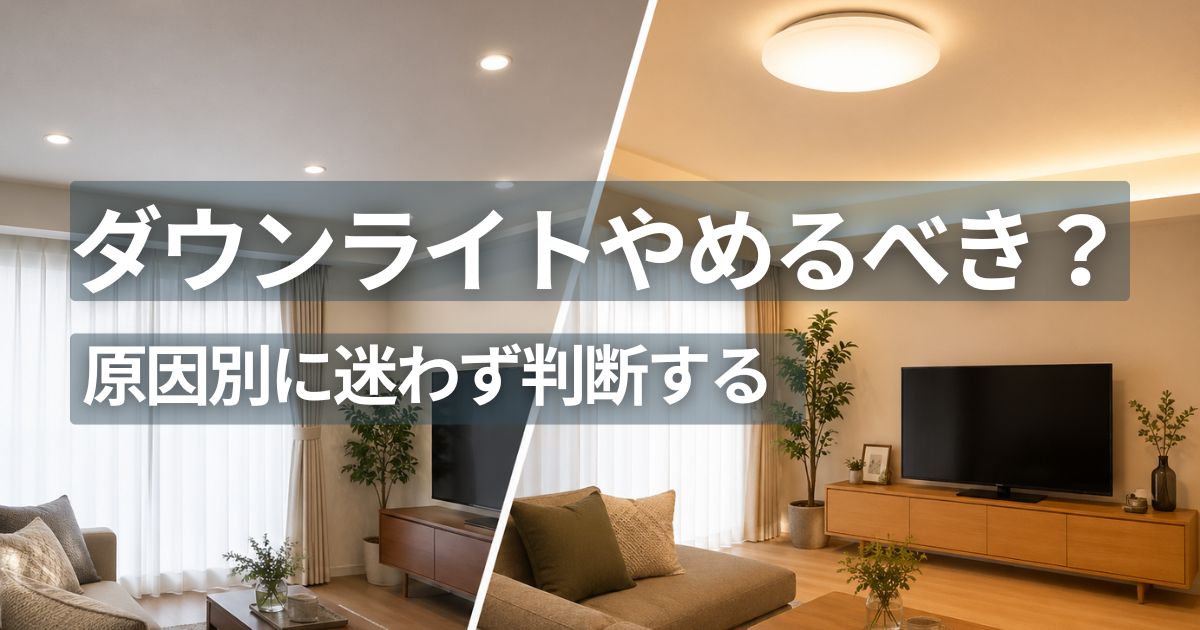 ダウンライトとシーリングライトの違いを比較したリビング照明のイメージ