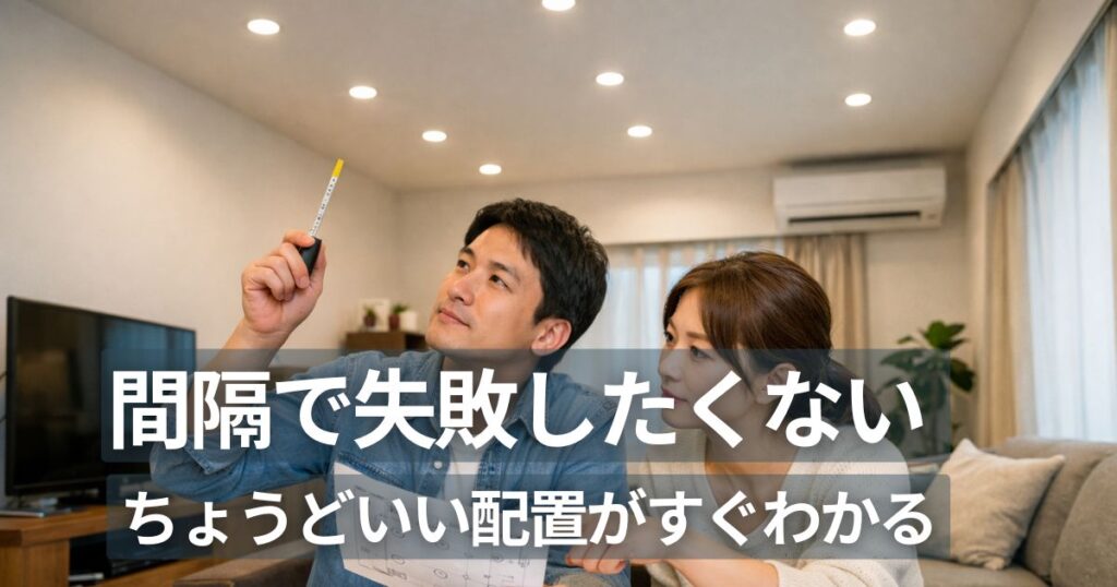 ダウンライト 間隔を確認する住宅リビングで配置を検討する夫婦