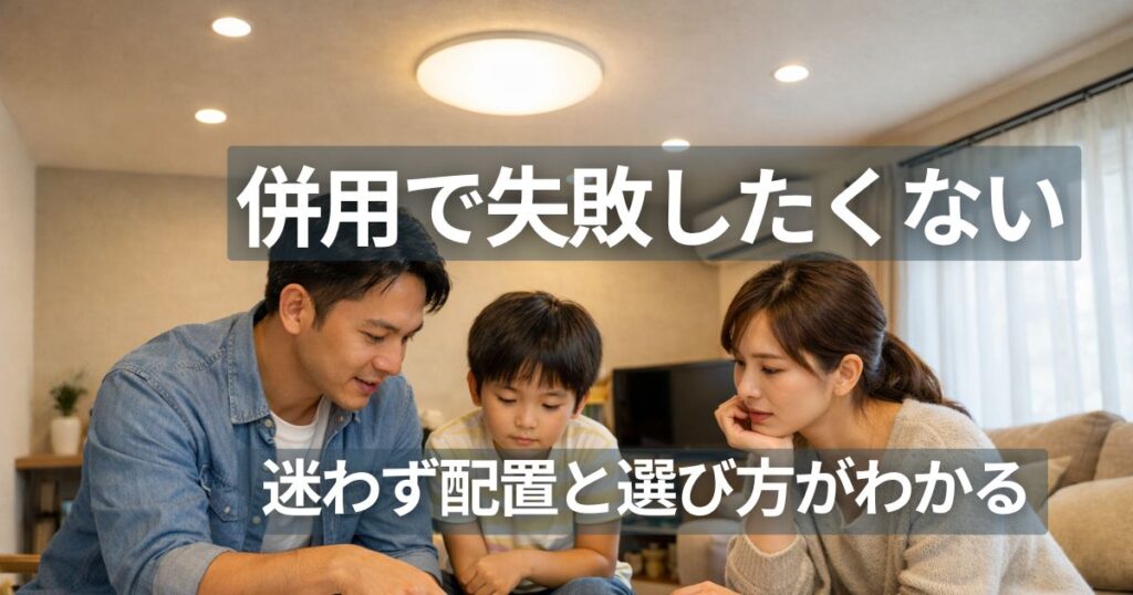 リビング ダウンライト シーリング併用の配置を確認する家族と室内空間