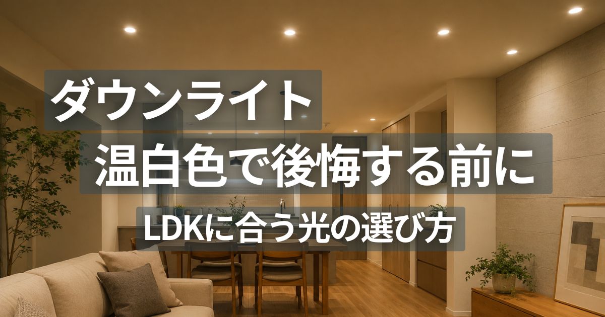 温白色のダウンライトで照らされたマンションLDKのリビングダイニング空間