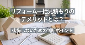 マンションリフォームの見積比較をイメージした住宅模型・図面・電卓・建材サンプルの画像