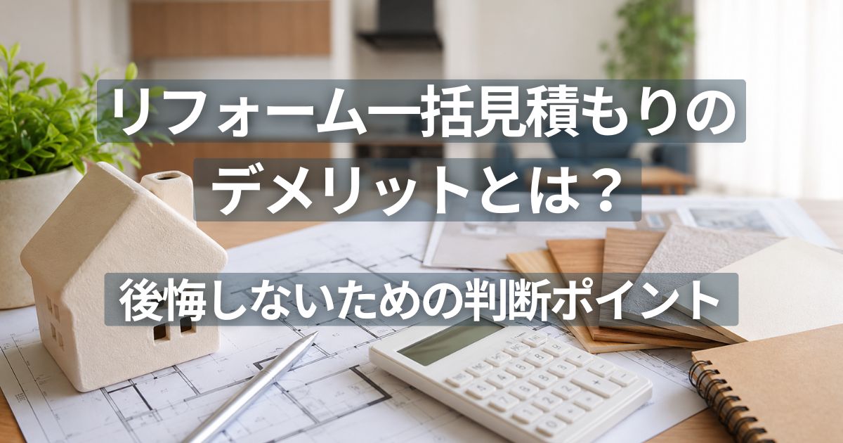 マンションリフォームの見積比較をイメージした住宅模型・図面・電卓・建材サンプルの画像