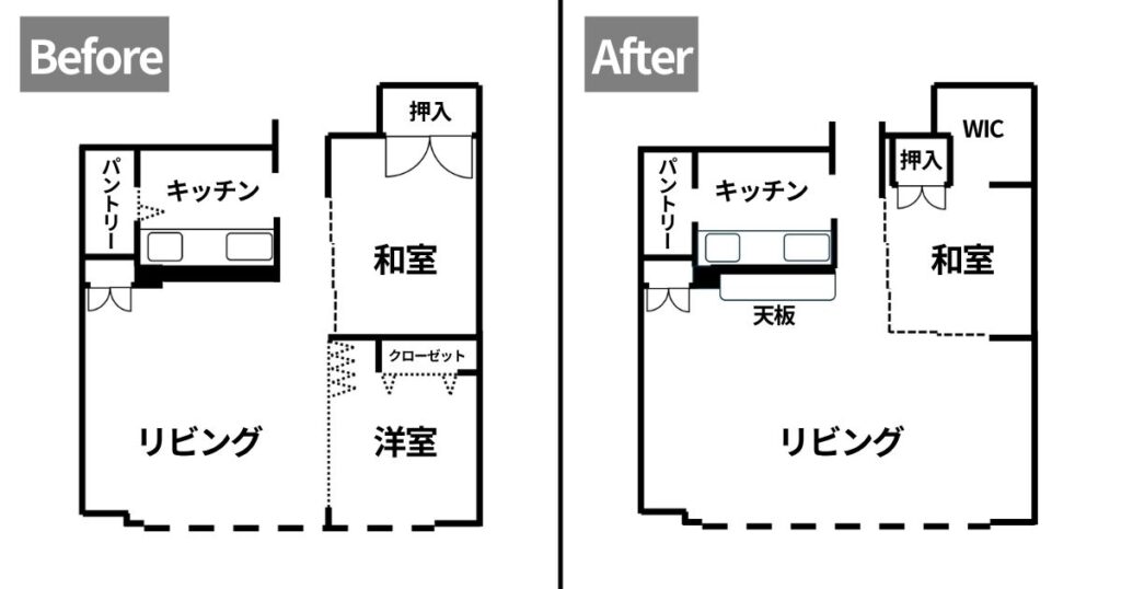 キッチン位置を変えずにLDKを広げたリフォーム前後の間取り図