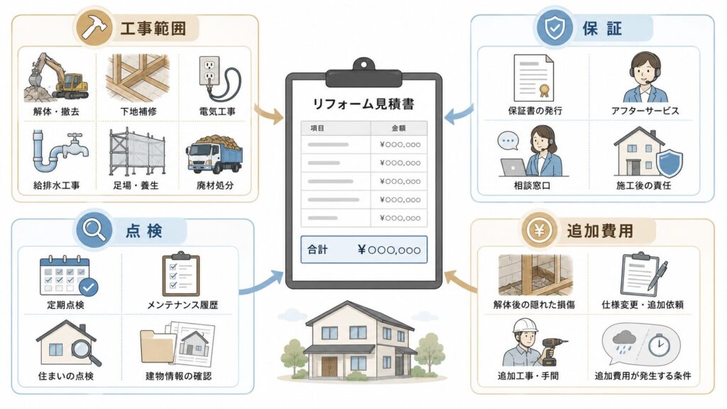 ハウスメーカーリフォームの費用差に含まれる項目を整理した図解