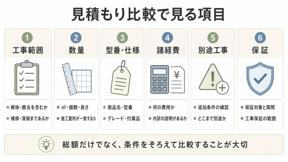 リフォーム見積書で比較する工事範囲や型番、諸経費、保証の項目
