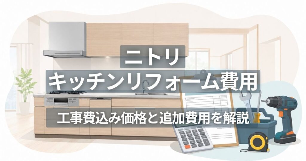 キッチン本体と工事、見積もりを組み合わせたリフォーム費用の説明用イラスト