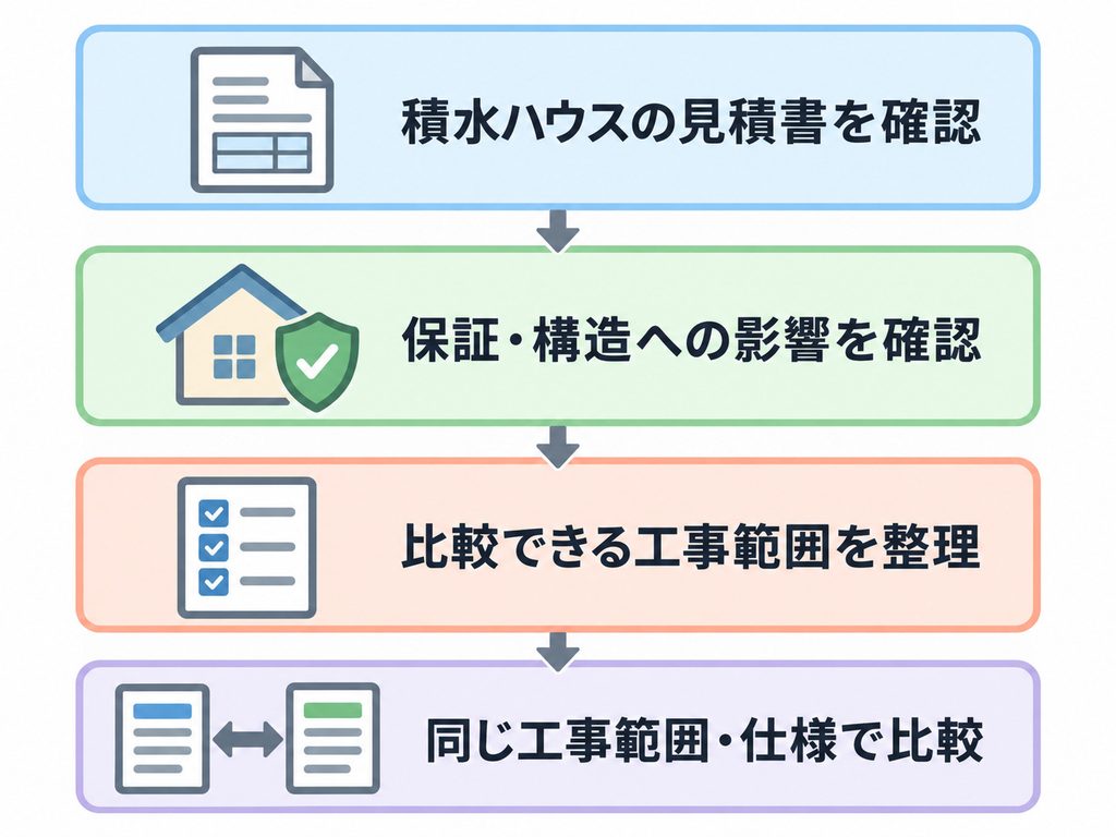 保証と構造を確認してから他社のリフォーム見積もりを比較する流れを示した図解